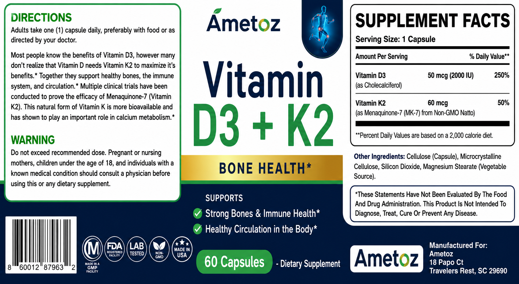 Ametoz Vitamin D3+K2 Capsules – 60 Count