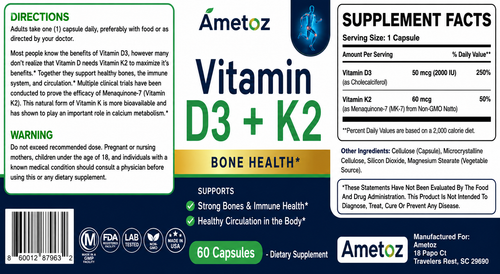 Ametoz Vitamin D3+K2 Capsules – 60 Count