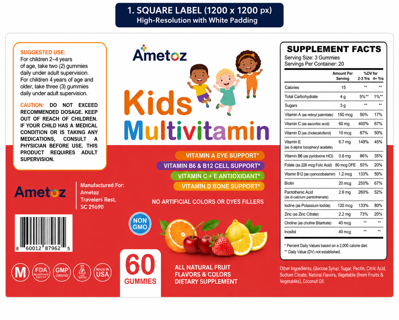 Ametoz Kids Multivitamin Gummies – 60 Vegan Gummies | Non-GMO | Natural Fruit Flavors