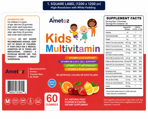 Ametoz Kids Multivitamin Gummies – 60 Vegan Gummies | Non-GMO | Natural Fruit Flavors