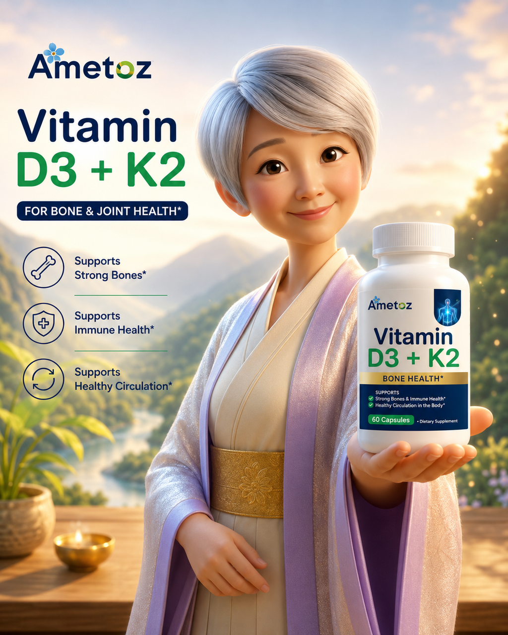 Ametoz Vitamin D3+K2 Capsules – 60 Count